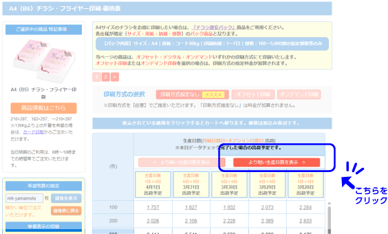 短納期の価格表